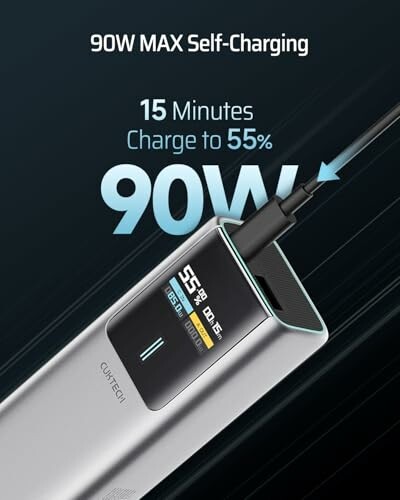 90W self-charging power bank with 15-minute charge to 55%.