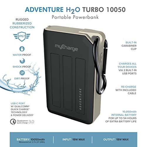Adventure H2O Turbo 10050 portable powerbank with rugged design, waterproof, shock-proof, dirt-proof features, and 10,050mAh capacity.