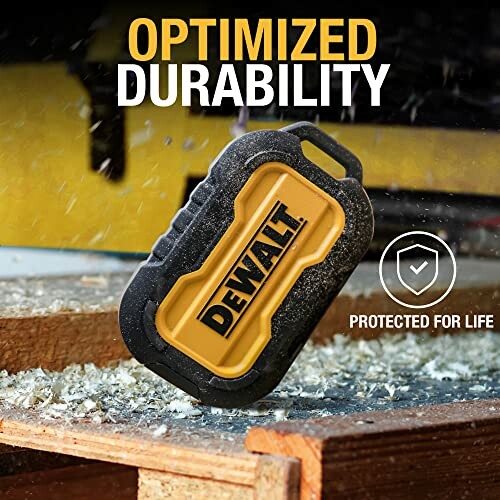 DeWalt tool on wood surface with optimized durability text.