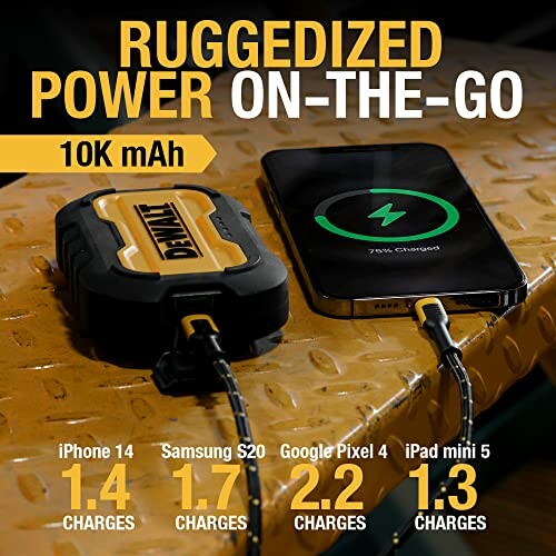 DEWALT rugged power bank charging a smartphone on a metal surface, showing charge estimates for various devices.