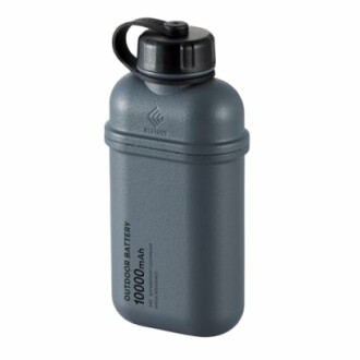 Gray outdoor battery shaped like a bottle with 10000 mAh capacity.