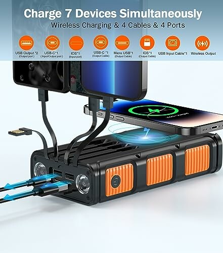 Portable charger powering multiple devices simultaneously.