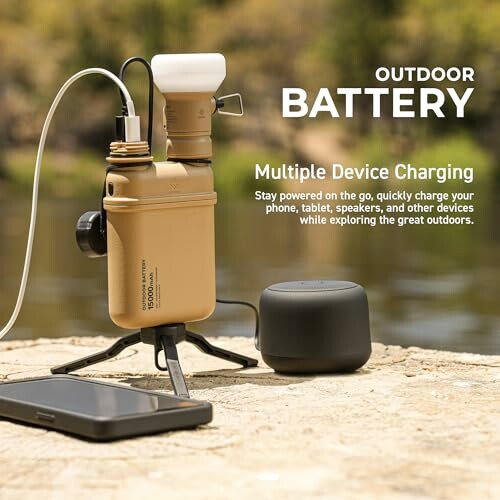 ELECOM NESTOUT Rugged Power Bank charging multiple devices by a river.