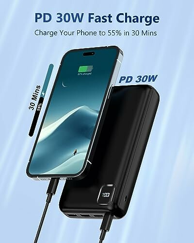 Power bank charging phone with PD 30W fast charge.