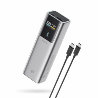 Silver portable power bank with digital display and USB-C cables.