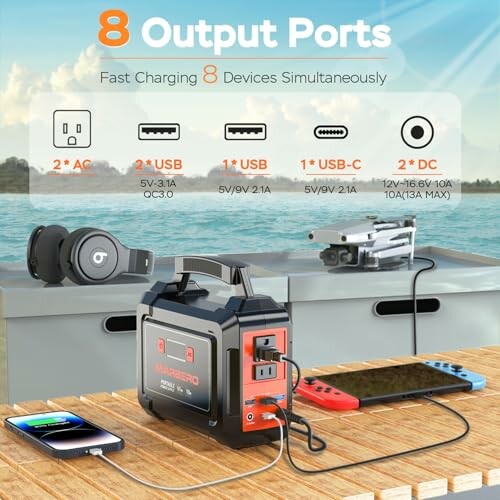 Portable power station charging multiple devices with 8 output ports.