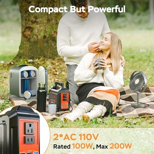 Couple enjoying outdoor picnic with portable power station and appliances.