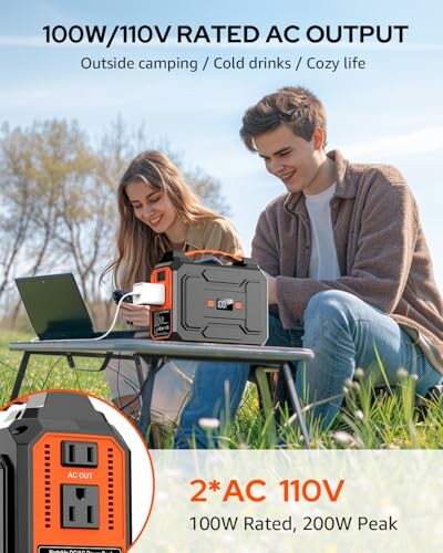 A couple using a portable power station outdoors, powering multiple devices simultaneously with 146Wh capacity.