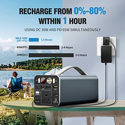 Portable power station on table with recharging time information.