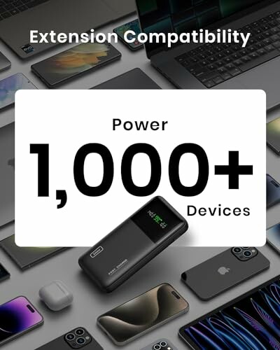 Power bank compatible with over 1000 devices including phones and laptops.