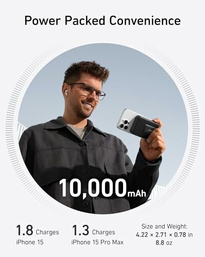 Man using a power bank to charge an iPhone, highlighting 10,000mAh capacity.