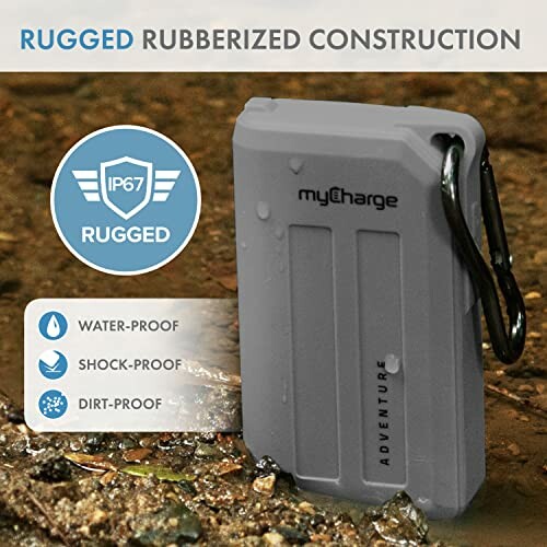 Rugged power bank with IP67 rating and carabiner clip, waterproof, shock-proof, dirt-proof.