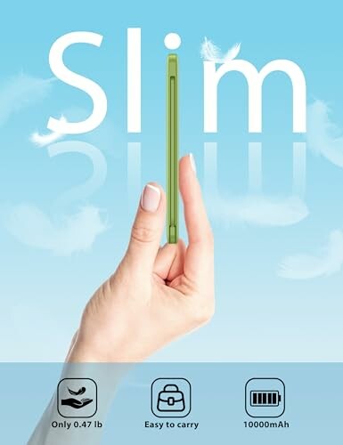 Hand holding a slim green power bank, highlighting its lightweight and 10000mAh capacity
