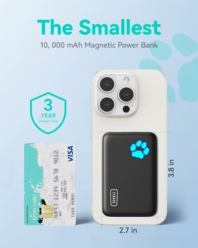Smallest 10,000 mAh magnetic power bank with phone and credit card for size comparison.