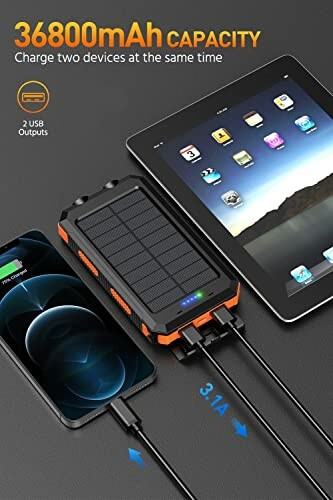 Solar power bank charging a smartphone and a tablet with 36800mAh capacity.