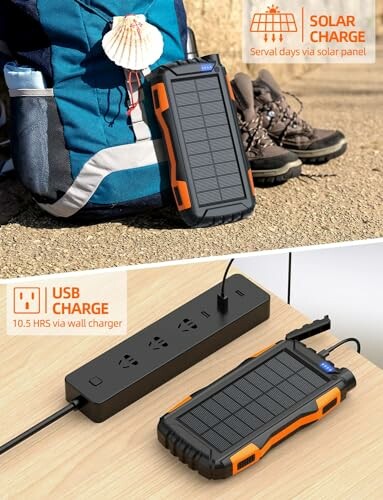 Solar power bank showing solar and USB charging options.