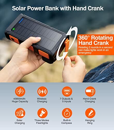 Solar power bank with hand crank and features list.