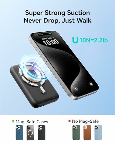Phone holder with strong suction, compatible with Mag-Safe and non-Mag-Safe cases.