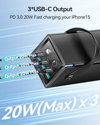 USB-C charger with 3 outputs, 20W fast charging.