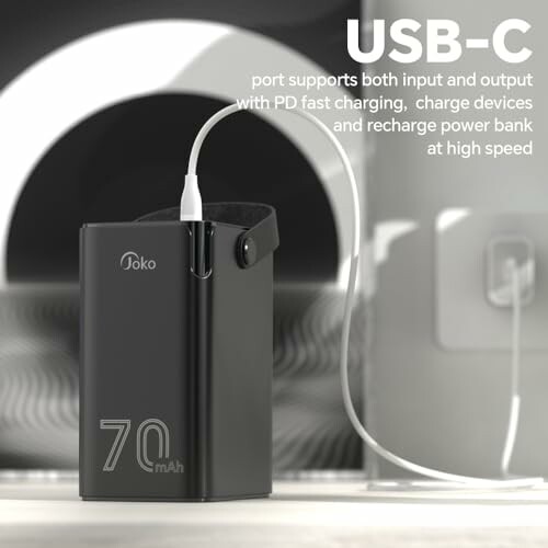 USB-C power bank with fast charging feature.
