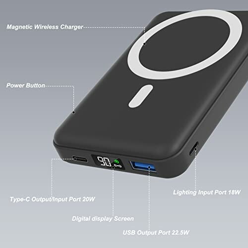 Black power bank with magnetic wireless charger and digital display screen.