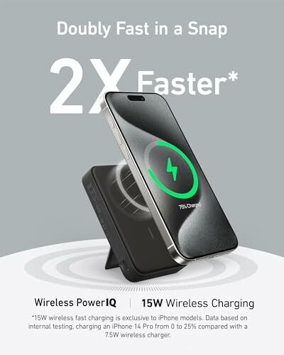 Phone on wireless charging stand with '2X Faster' text.